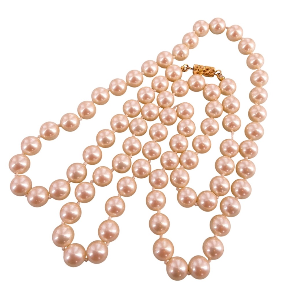 Vintage White Gold Faux Glass Pearl Necklace Hand Knotted 30" Barrel Clasp